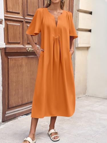 Image of Wenrine Womens Casual Maxi Dress Short Sleeve Loose Flowy Summer Dresses | flutter sleeve, v neck, loose fit, slit, long summer dress, beach, vacation