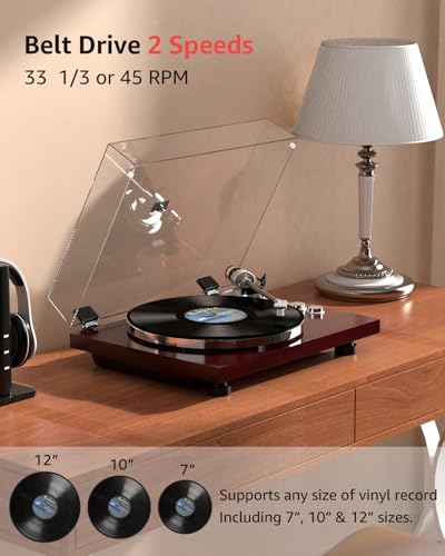 Image of Record Player Turntable Wireless Output Vintage Vinyl Player Aluminium Platter Carbon Fiber Tonearm Belt-Drive 33 45 RPM Phono Audio AT-3600L MM Cartridge RCA Line Anti-Skate Pitch Control Walnut Red