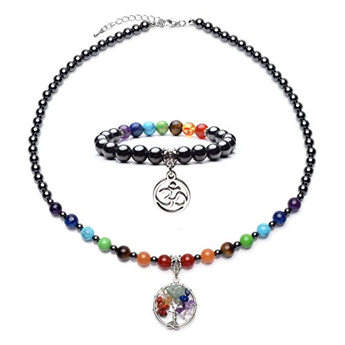 Jovivi Black Magnetic Hematite Healing Therapy Stretch Bracelet & 7 Chakra Healing Tree of Life Crystal Quartz Necklace
