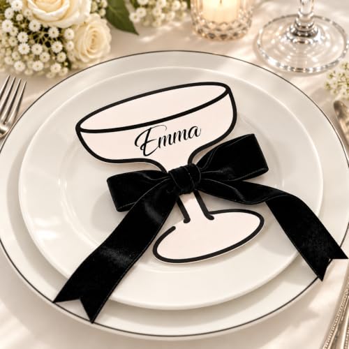 FYSUIMU 50Pcs Wine Glass Place Cards Black Velvet Bow Flat Name Cards Beige Black Seating Card for Wedding Bridal Shower Birthday Table Setting Supplies, 3.5 x 4.4 Inch by FYSUIMU - Used condition - US$8.12