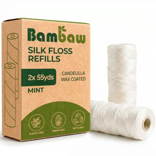 Image of Refill Silk Dental Floss | Candelilla Wax Tooth Floss | Natural Dental Tape | Plastic Free Dental Floss | Eco Floss | Stainless Steel | Zero Waste Floss | Silk Floss | Mint | 2 x 55 Yards | Bambaw