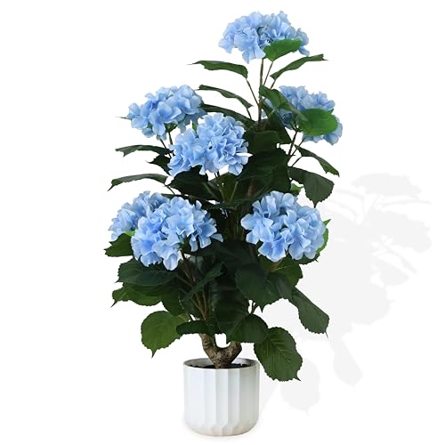 GOCEJOOO 31' Large Artificial Blue Hydrangea Floor Plant, Realistic Faux Silk Floral Arrangement in Black Pot, UV Resistant Tall Outdoor Decorative Flowers for Porch, Patio, Office & Home Entrance