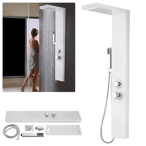 UISEBRT Panel de ducha de acero inoxidable cepillado, sistema de ducha de montaje en esquina, columna de ducha, 4 funciones, juego de ducha con ducha de lluvia, chorros de masaje, ducha de mano y