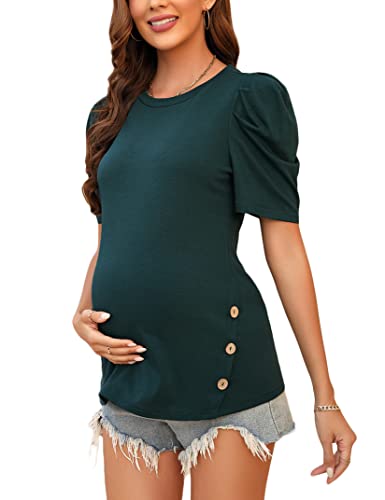 Funjuly Maternity Tops Womens Crew Neck Puff Short Sleeve Side Button And Ruched Pregnancy Shirt Tunic Blouses For Work Shortgreen L #TOP30