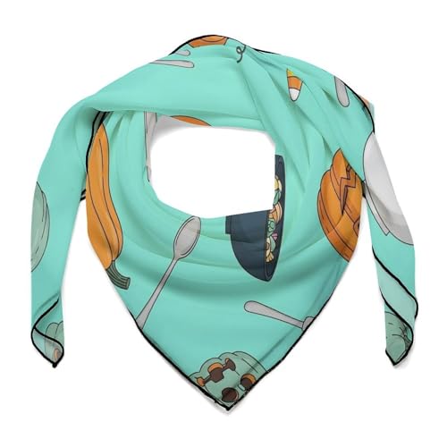DGTXWIT Silk Scarves Pumpkin Halloween Candy Cutlery Bowl 27x27 In Silk Feeling Neck & Head Scarf, Women's Fashion Square for Hair Hand Bag Scarves, Elegant Accessory Gifts