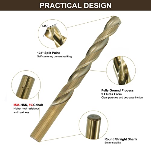 Behappy 29Pcs Cobalt Drill Bit Set, M35 High Speed Steel Metal Drill Bit Set, Twist Jobber Drill Bit Set For Hardened Metal, Stainless Steel, Wood, Cast Iron, Wood With Indexed Rose Case, 1/16"-1/2" #TOP1