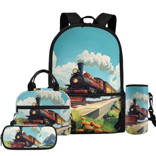 COEQINE Retro Train Backpack for Boys 3-5 Lightweight Preschool Toddler Backpack and Water Bottle Set Boy 6-8 Age Elementary School Bags with Lunch Bag for Boys 3-4 Year Old for Casual Travel Daypack
