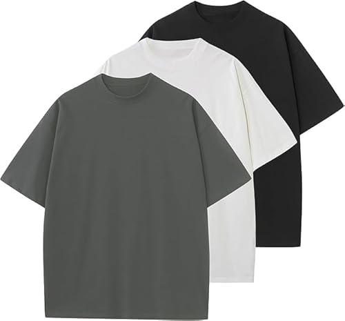 OSACOD 3 Pack Men's Oversized T-Shirts Cotton Tee Heavyweight Unisex Short Sleeve Crew Neck Loose Fit Basic Tops(Black,White,Grey-M)