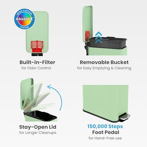 Image of iTouchless 3 Gallon Small Wastebasket for Bathroom with Lid, Deodorizer, Soft-Step Stainless Steel Slim Garbage Bin, 12 L Pastel Green Small Trash Can, Step Pedal Retro Soft-Toned Decor for Restroom