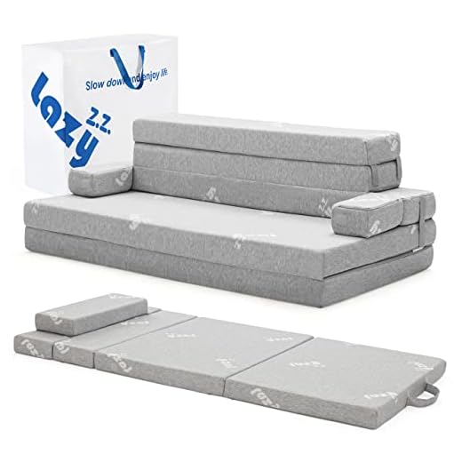 Lazyzizi Sleep 4 Inch Foldable Mattress, Portable Floor Mattress Couch with Headrest, Washable Cover, Foldable Foam Couch Full for Guest Bed, Folding Sofa Bed, Camping, Road Trip, Light Grey