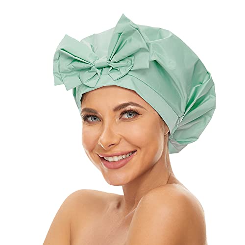 Aibilye Womens Shower Cap for Long Hair Extra Large Washable Reusable Waterproof Bathing Hair Cap Adjustable Elastic Band for All Hair Lengths Solid Color, Light Green