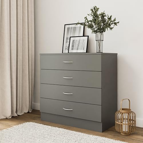 DAKO® Chests of Drawers ESSENTIAL – Modern Bedroom Storage Unit with 4 Drawers – White, Grey or Black – Sleek Design for Clothes, Accessories & Daily Use (Grey, 4-Drawer)