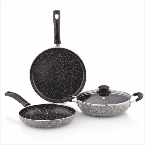 Image of Amazon Solimo Aluminium 4 Piece Non-Stick Cookware Set | Granite Finish | Induction Base | PFOA Free | HTR Exterior Coating | 25 Cm Tawa, 22 Cm Kadai, 22 Cm Fry Pan, 1 Glass Lid | Grey