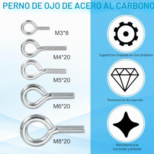 Miniatura 4 de Patikil Pernos De Ojo M3x16mm, 10 Pcs Pernos De Ojo De Acero Al Carbono Con Tuerca Para Colgar O Asegurar Cables Plateados