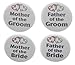 Set 4 Mother Father of Bride Groom Silver Heart 2.25â€ Large Buttons Pins Wedding