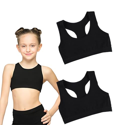 THXFUNAREA 2 Pezzi Reggiseno da Bambina, Sportivo Reggiseni da Allenamento per Ragazze in Cotone, Intimo Top, Morbido Confortevole, per 8-12 Anni(Nero + Nero)