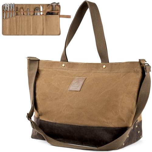 OneTigris Large Waxed Canvas Tote Bag with Removable Tool Roll Bag, 36L Large Capacity Camping Storage - Heavy Duty Canvas and Tactical for Camping Gardening Shopping, Firewood