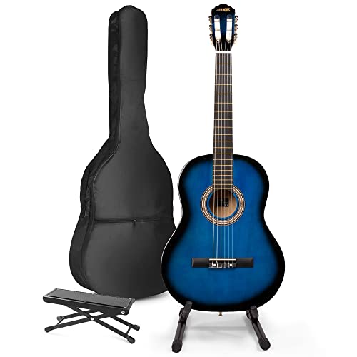 MAX SoloArt Guitare Acoustique Classique avec Support de Guitare et Repose-Pied – Bleu, Idéal pour Débuter la Guitare - Les Beatles, Paul McCartney, John Lennon, RIngo Starr, George Harrison MAX SoloArt Guitare Acoustique Classique avec Support de Guitare et Repose-Pied - Bleu, Idéal pour Débuter la Guitare
