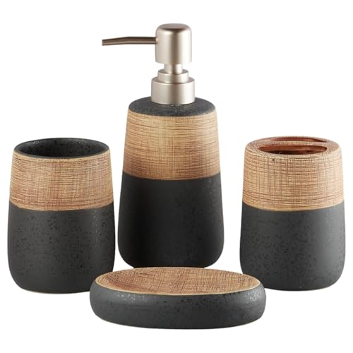 Image of SaSaSa Ceramic Bathroom Accessories Set of 4 Modern Bath Set with Soap Dispenser & Toothbrush Holder, Luxury Home & Gift Idea, Brown /Black (10262)