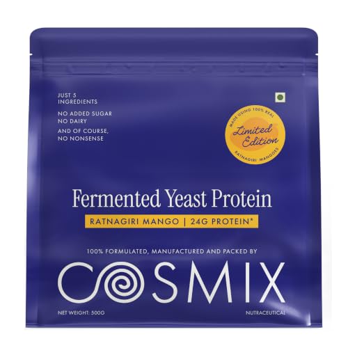 Image of Cosmix Fermented Yeast Protein Powder | 24g Protein | Made with Real Mango | High Absorption with PDCAAS of 1 | No Dairy | Made In-House | Smooth, Tasty & Gut-Friendly | Ratnagiri Mango, 500g Pouch