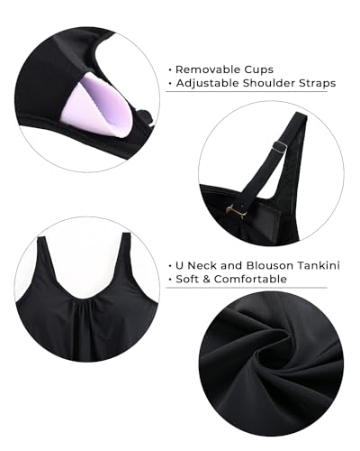 Aqua Eve Two Piece Women's Tankini Swimsuits Blouson Swim Tank Top with Shorts Modest Bathing Suits Black Floral L - Image 6