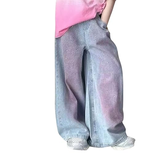 Girls Rhinestone Jeans Baggy Wide Leg Denim Pants Kids Trendy Contrast Colors Sparkly Blin𝐠 Jeans Y2K Streetwear