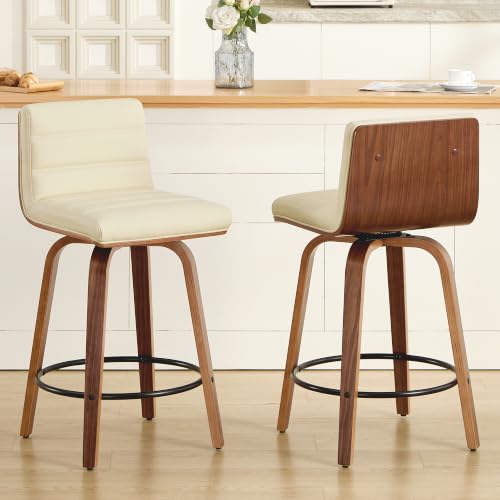 Image of Swivel Bar Stools Set of 4,26 inch Faux Leather Counter Height Barstools with Back,Mid Century Modern Upholstered Bar Chairs with Bentwood Legs Island Stools for Kitchen Counter Beige