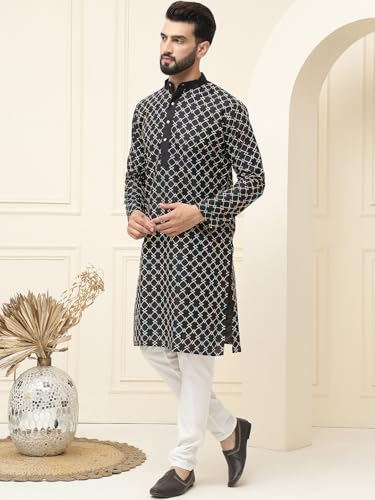 Image of SOJANYA, Men's Silk Blend NavyBlue Kurta with Multi Color Embroidery and Off-White Pyjama