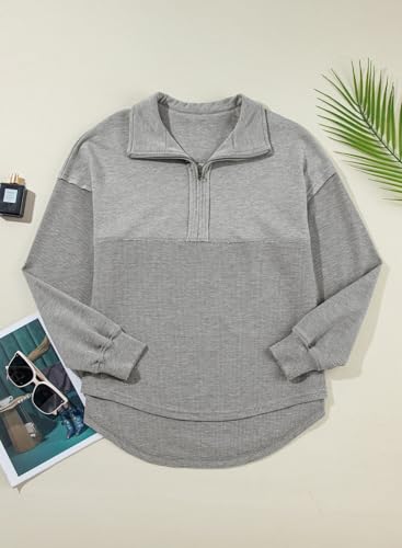 SHEWIN Womens Sweatshirts Casual Waffle Knit Tops Half Zip Pullover Long Sleeve Shirts Quarter Zip Trendy Fall Outfits Oversized Clothes 2025 Medium Light Grey