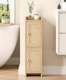 Akxomel Rattan Small Bathroom Cabinet with 2 Doors, 7.9''D x 7.9''W Narrow Toilet Paper Storage Cabinet, Bathroom Organizer for Small Spaces, Wooden Slim Corner Unit with Adjustable Shelf, Natural Oak