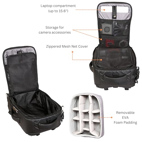 Image of Kamron T - 3 Professional Camera Trolley Backpack, 50L Capacity, Fits 14-inch Laptop, Multiple Compartments, Water Resistant, Black