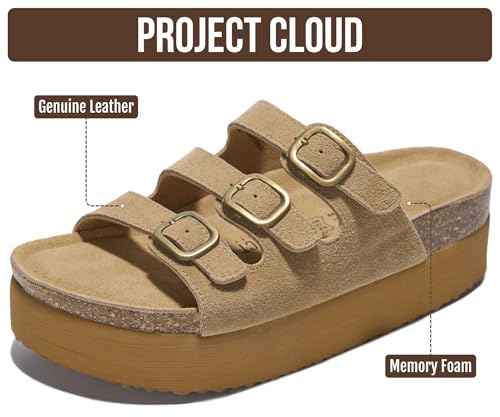 Image of Project Cloud 100% Genuine Leather Platform Sandals Women Footwear - Comfortable Womens Slides Memory Foam Insole - Non Slip Water-Resistant 3-Strap Wedge Sandals for Women 2026 (Dyan)