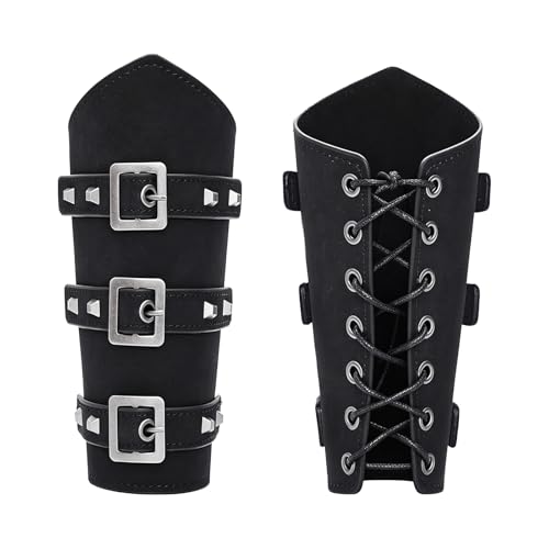 1 Pair of Leather Arm Guards Ren Faire Bracers Medieval Viking Arm Guards for Halloween Dress Up (Black Style-3)