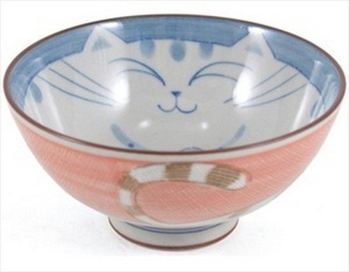 Japanese Smiling Pink Cat Porcelain Rice Bowl, 4-1/2