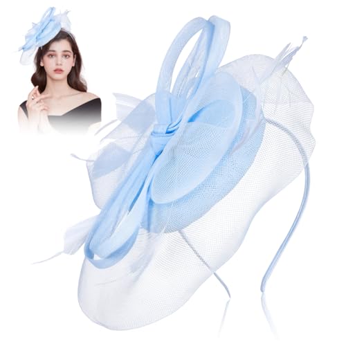 Healeved Fascinator for Women Flexible Mesh Headband Ladies Fascinator Hat Headwear Lightweight Bridal Headpiece for Wedding Tea Party Prom Sky-Blue