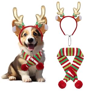 2Pcs Dog Christmas Outfit Dog Reindeer Costume Elk Antlers Headband and Red-White-Green Striped Scarf Set Pet Costumes Accessories for Dogs and Cats