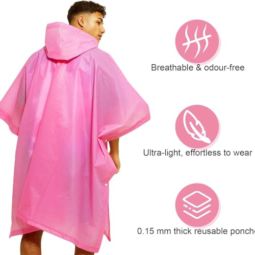 DGMI Regenponcho 2 Stück, Regenmantel für Damen Herren, Regencape Regenjacke, Regenponcho Regenmäntel Wiederverwendbar, mit Kapuze und Kordelzug für Wandern, Camping, Radfahren, Reisen (Pink,Schwarz)