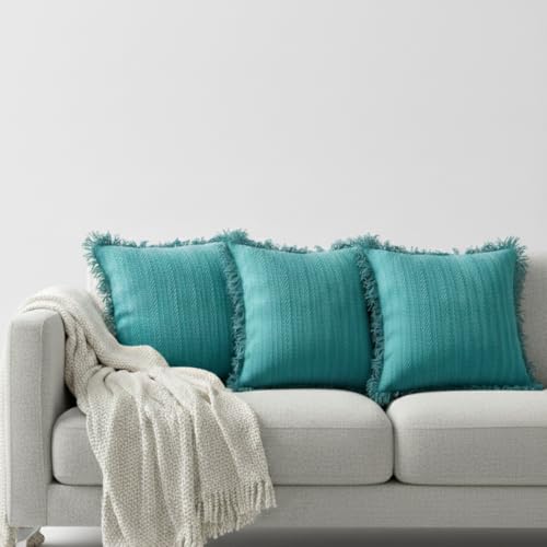 Image of Teal Blue Cushion Covers - 16x16 Inch | Set of 2 | Hand-Woven Fringed Cotton Decorative Covers for Sofa, Living Room & Bedroom Decor | Square Shape Cushion Cases
