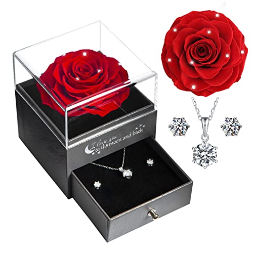 Yamonic Rosa Eterna Real con Collar y Pendientes en una Caja de Regalo, Regalos románticos para Ella en el día de San Valentín Aniversario Navidad Regalos para Mujeres (Rojo+Cristal) Cover