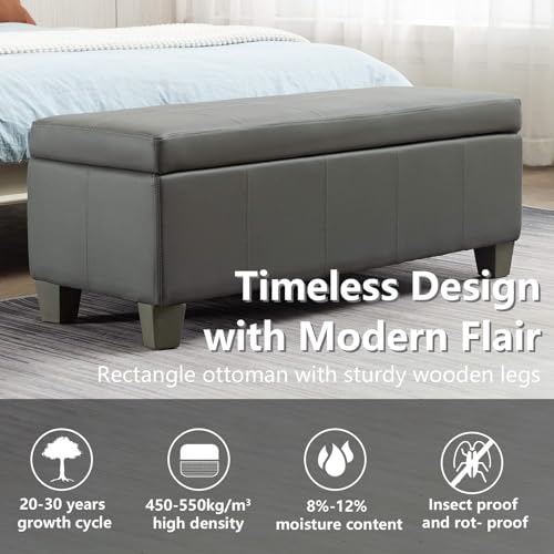 Image of 41 inch Storage Ottoman, Storage Bench with Safety Hinge, Upholstered Synthetic Leather Ottoman Bench for Bedroom, Living Room, Entryway, Hallway, Foot Rest, Support 500lbs, Grey