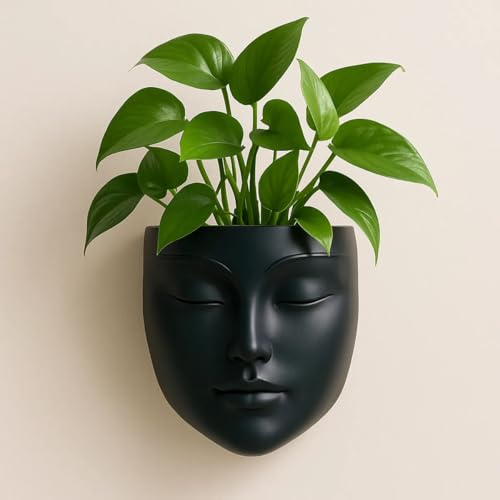 Image of Ceramic Lady Face Wall Hanging Planter (7 Inches, Black)| Abstract Oval Face Vase for Indoor Plants | Succulent Planter for Living Room, Balcony & Office Decor | Aesthetic Home Decor Gift