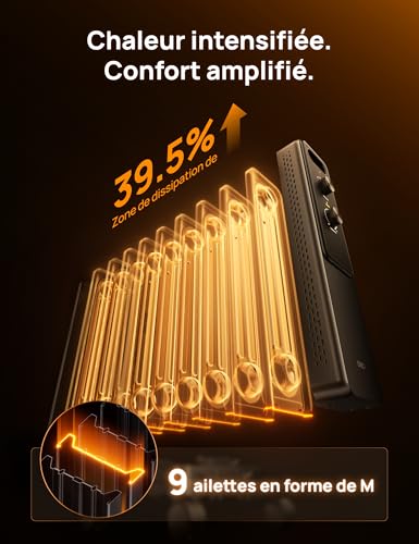 Dreo Radiateur à huile 2000W avec 9 ailettes, chauffage électrique silencieux pour chambre, thermostat réglable, protection surchauffe et basculement, sécurité enfant et mode économie d’énergie – Image 4