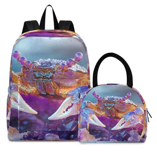 Aesthetic Crab Print Backpack Set with Lunch Bag, Large Capacity Travel Backpacks and Lunch Box Insulated for Commute Hiking Picnic