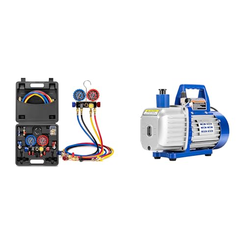 VIVOHOME HVAC Manifold Gauge Set for R134a R410a R22 R32 R454B Refrigerant, 4 Valve Automotive AC Gauges 110V 1/2 HP 5 CFM Dual Stage Rotary Vane HVAC Air Vacuum Pump with Oil Bottle