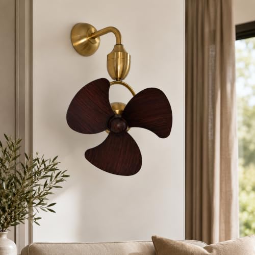 Image of OLTAO Nova 14-Inch Designer Wall Premium Deluxe Fan with Wooden Blades - Silent Operation & Oscillation- Wall and ceiling attachment included (Antique brushed gold)