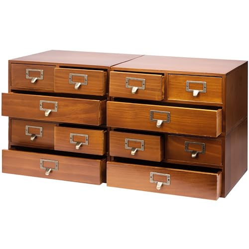 4-Pack Vintage Desktop Apothecary Cabinet w/ 3 Drawers - Wood Medicine Cabinet for Tabletop - Stackable Drawers w/Label Holders - Desktop Chest Drawer for Herb Storage, Tea Collection, Stationery