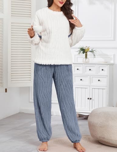 Women's Fleece Pajamas Set Flannel Winter Warm Fuzzy Sherpa Pjs Long Sleeve Cozy Sleepwear for Women2