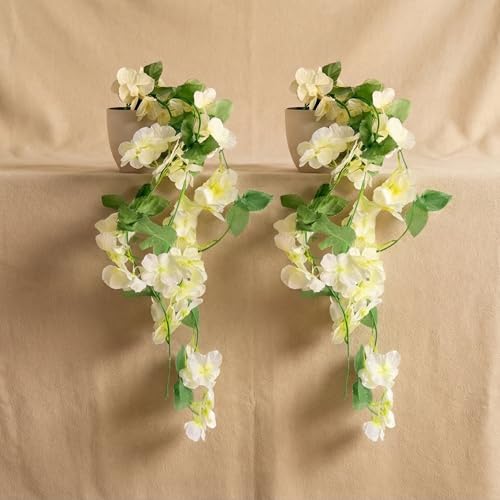 Image of Dekorly Premium Artificial Hanging Garland with Pot - 100cm Vine, 10cm Decorative Pot for Table | Shelf & Wall Decor (2, White)