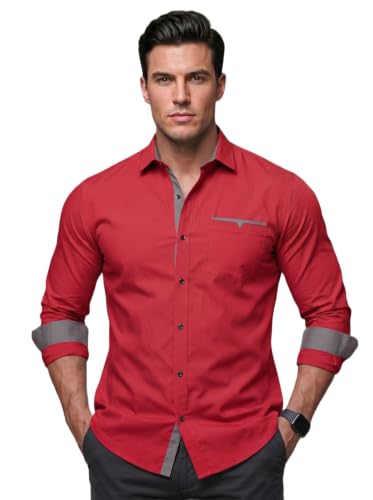 Image of Men's Cotton Blend Shirt with Solid Long Sleeves Spread Coller Neck Regular Fit Single Chest Pocket and Standard Length | Cotton Casual Shirt for Man