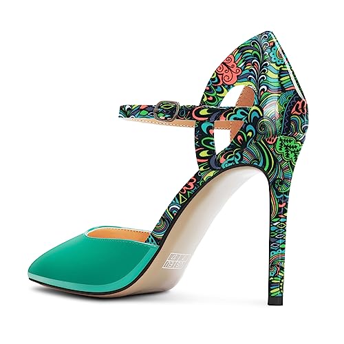 Saekcted Womens Stiletto High Heel Pointed Toe Pumps Ankle Strap Patchwork Party Cute Patent Leather 3.9 Inches Heels3